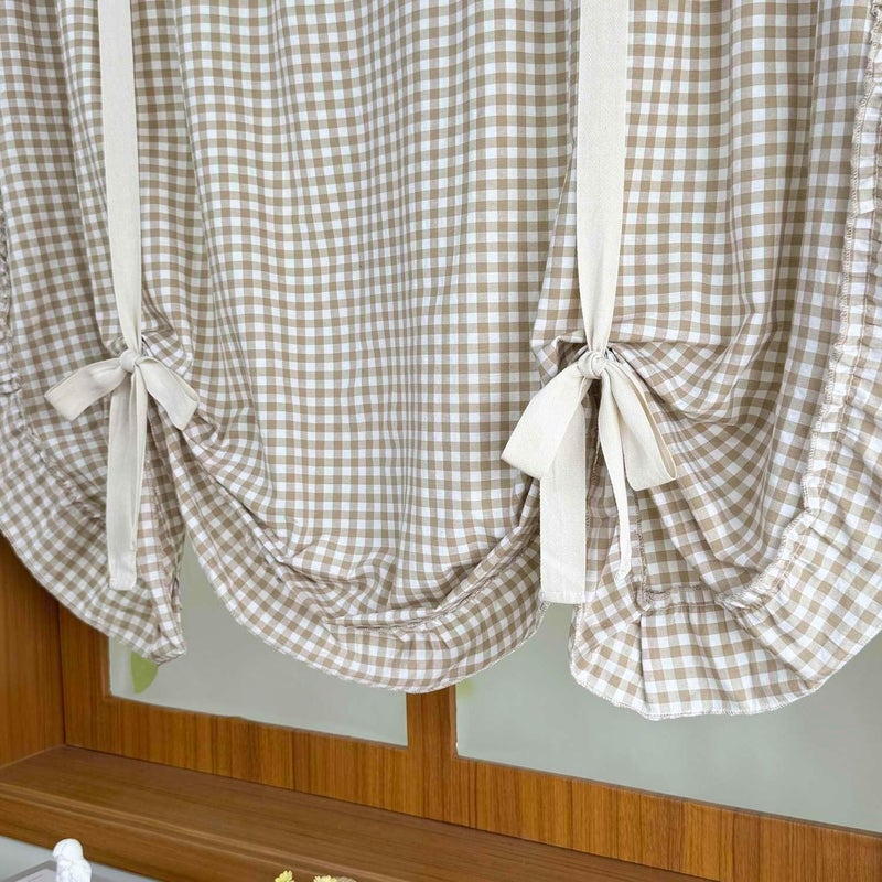 Gxi Khaki Checkered Sheer Curtain Tie Up Balloon Curtain for Kitchen Bathroom Rod Pocket Farmhouse Linen Voile Valance for Living Room Small Window 1 Panel Width 59 x 55 inches Length - Image 4